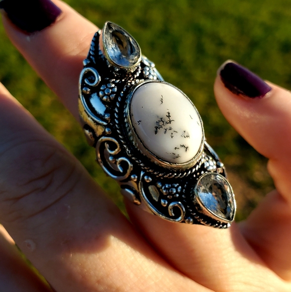 New Dendritic Opal & White Topaz 925 Silver Statement Ring. - Picture 4 of 14